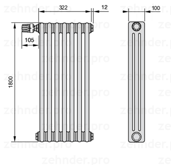 Схема (чертеж) Радиатор Zehnder Charleston 3180/7 №V011 Белый глянцевый RAL 9016